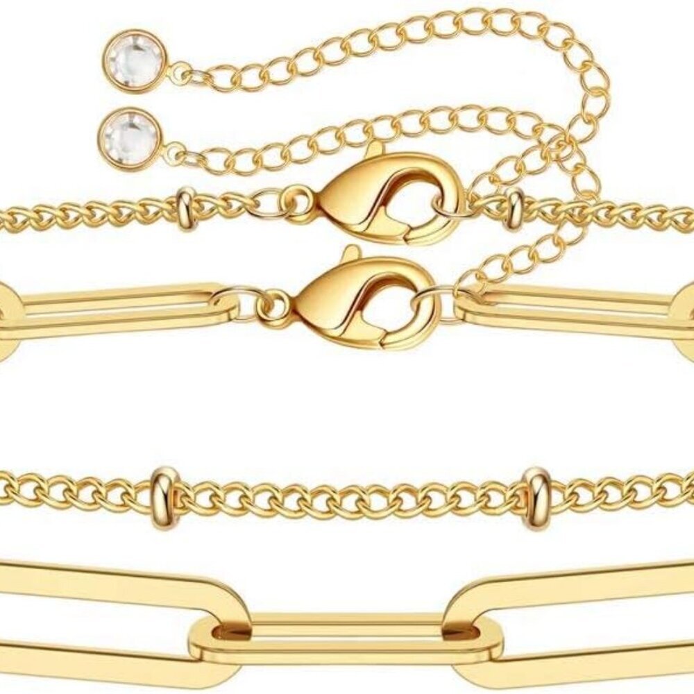 Dainty Gold Bracelets for Women, 14K Gold Plated Adjustable Layered Bracelet Cut